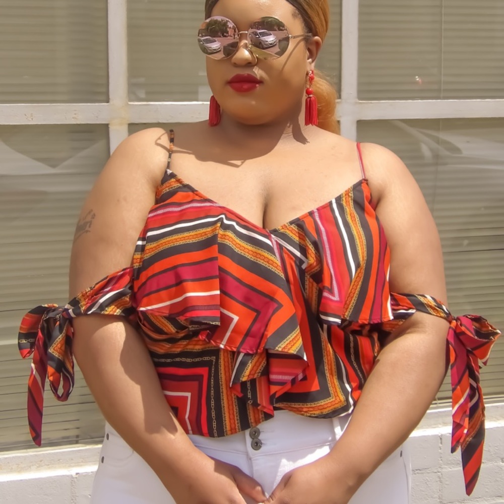 Striped/Chain Print Crop top with Tie Sleeves